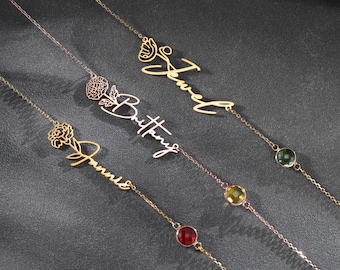 Collier prénom personnalisé fleur et pierre de naissance, collier à pendentif floral personnalisé, cadeau d'anniversaire pour maman et enfants, mois de naissance