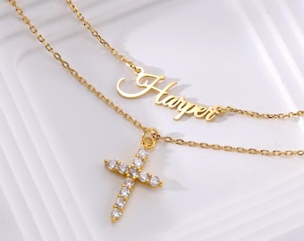 Custom Name Cross Necklace-Personalized Layered Necklace-2 Layer Gold Necklace with CZ Cross Charm-Minimal Jewelry for Her-Bridesmaids Gift