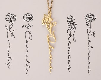 Collier prénom fleur de naissance, collier floral personnalisé avec prénom, collier prénom fleur de naissance en or, cadeau d'anniversaire pour maman avec enfants