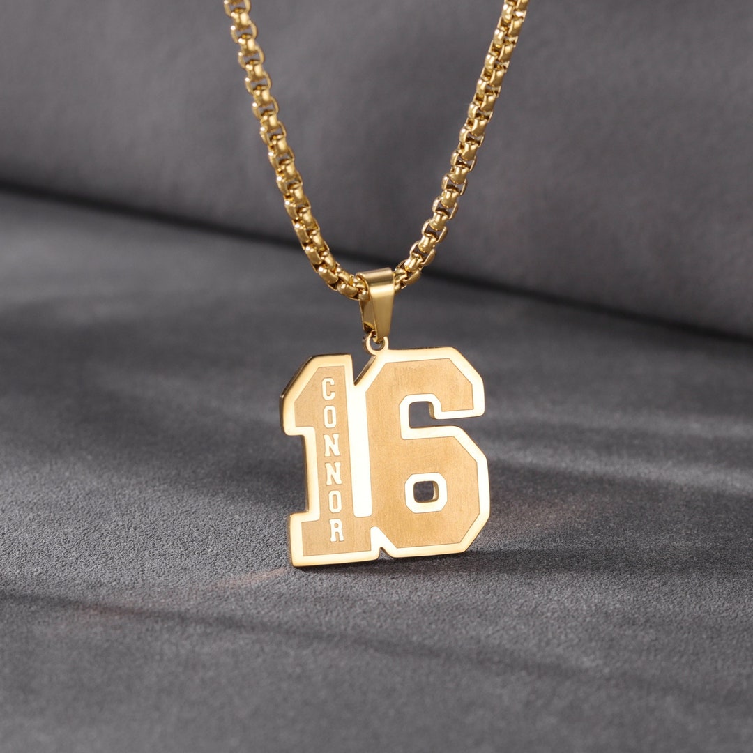 18K Gold Plated Number Pendant With Rolo Chain Necklace, Sport Number