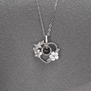 Personalized Projection Necklace with Flower Charm, Photo Projection Necklace, Sterling Silver Necklace with Picture Inside, Gift for Her