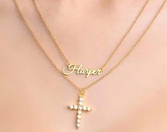 Minimalist Diamond Cross Necklace-Personalized Layered Necklace-Custom 2 Layer Gold Necklace-Communion Cross Jewelry for Her-Bridesmaid Gift