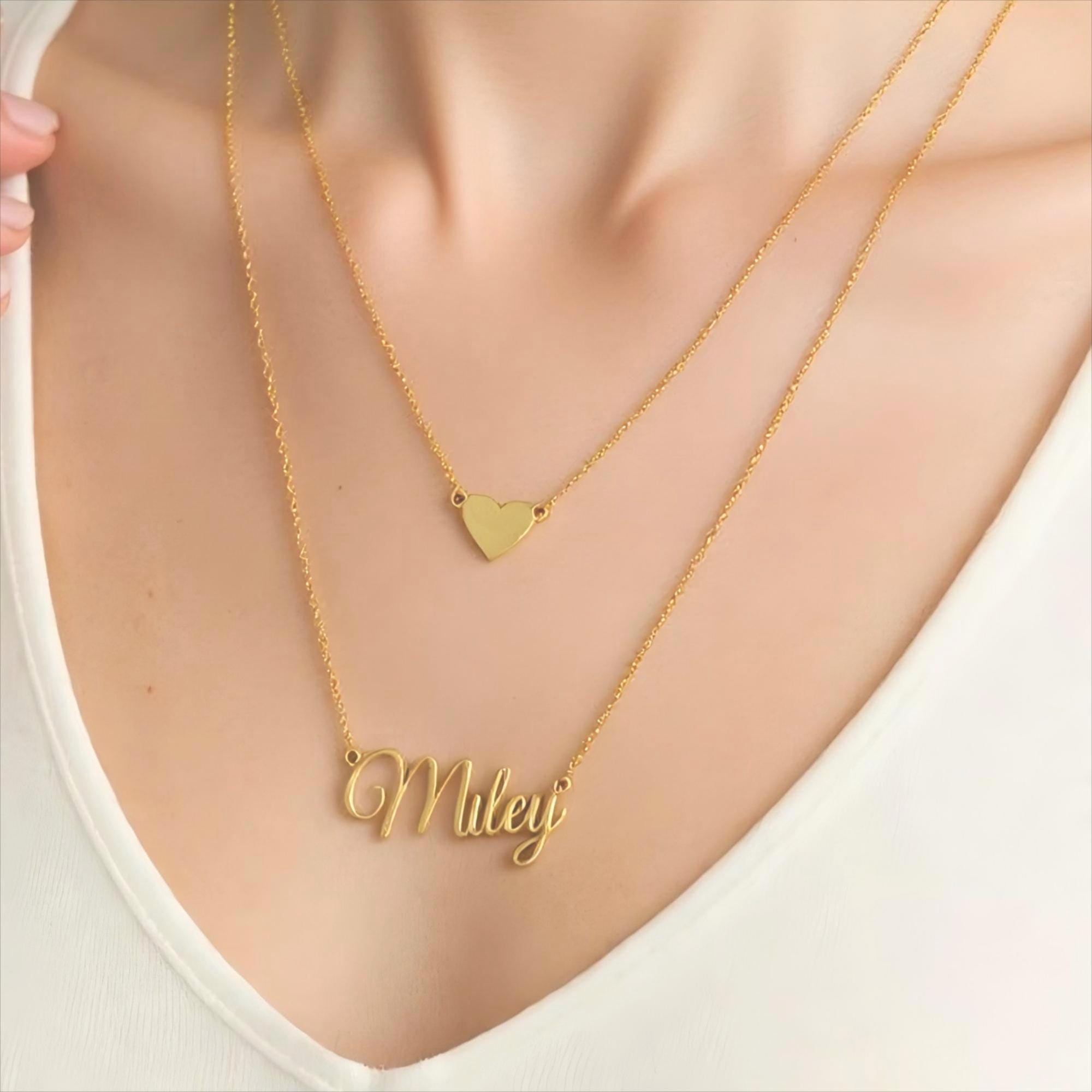 Custom Layered Necklace with Name-Personalized Heart Pendant Necklace-Double Chain Necklace for Mom-Dainty Bridesmaids Jewelry-Baby Shower