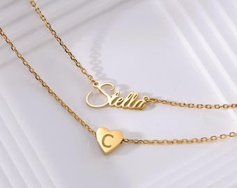 Custom Name and Initial Necklace-2 Layer Gold Necklace for Women-Personalized Heart Initial Pendant-Minimal Jewelry for Her-Bridesmaids Gift