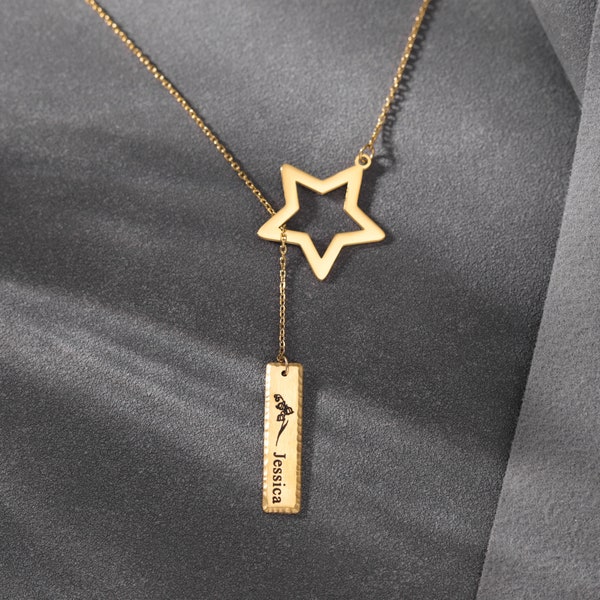 Gold Lariat & Y Necklace with Star, Dropping Birthflower Bar Necklace, Custom Star Name Necklace Jewelry for Teen Girls, Sweet 16 Gift