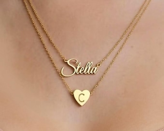 Custom Name Layered Necklace Set-Personalized Heart Initial Pendant-Minimalist Necklace-Dainty Gold Letter Jewelry-Bridesmaids Gift for BFF