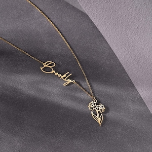 Collar con nombre lateral de flor de nacimiento, collar floral personalizado con nombre, collar con nombre de flor de nacimiento, regalo de cumpleaños para mamá con nacimiento de niños