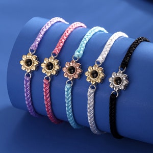Personalized Photo Projection Bracelet, Braided Rope Bracelet, Memorial Bracelet with Sunflower, Picture Bracelet, Anniversary Gifts for Her