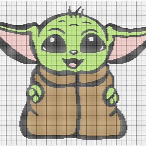 May include: A green and brown pixel art cross-stitch pattern of a character from the Star Wars franchise, known as Baby Yoda or Grogu. The character is depicted with large eyes, a wide smile, and a brown robe.