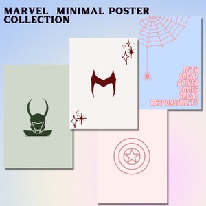 K&ouml;nnte beinhalten: Ein Set aus vier minimalistischen Marvel-Charakter-Postern. Die Poster zeigen einen gr&uuml;nen Loki, eine rote Scarlet Witch, einen roten Spider-Man und einen blauen Captain America. Jedes Poster hat ein schlichtes Design mit wei&szlig;em Hintergrund und ein paar Sternen.