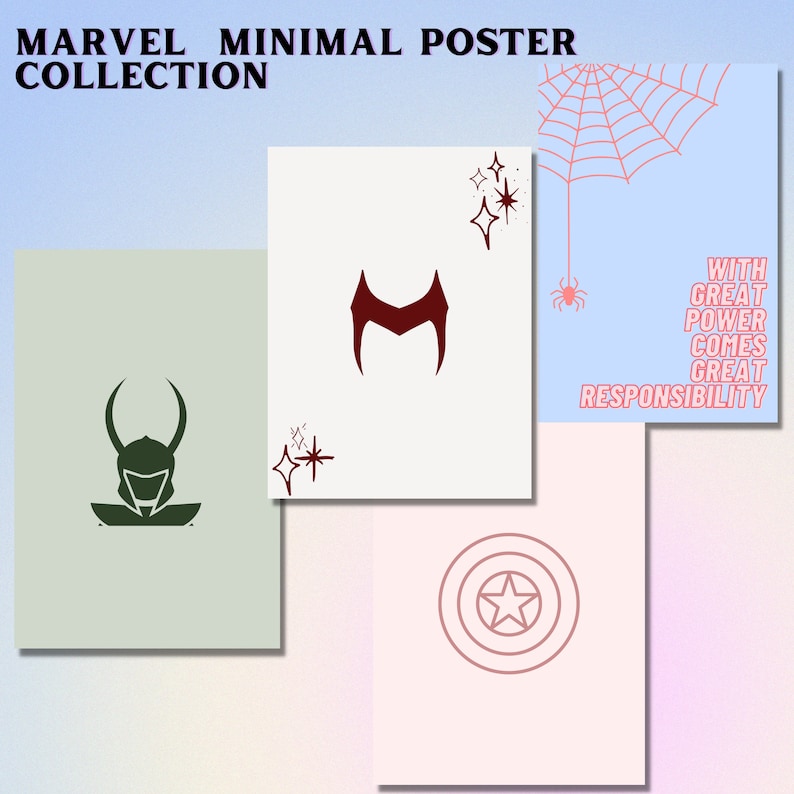 K&ouml;nnte beinhalten: Ein Set aus vier minimalistischen Marvel-Charakter-Postern. Die Poster zeigen einen gr&uuml;nen Loki, eine rote Scarlet Witch, einen roten Spider-Man und einen blauen Captain America. Jedes Poster hat ein schlichtes Design mit wei&szlig;em Hintergrund und ein paar Sternen.