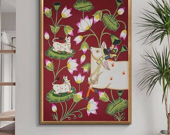 Pintura de vaca Pichwai hecha a mano, decoración de pared de arte popular tradicional indio