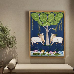 Pichwai Painting Of Cow, Detailed Traditional Indian Pichwai Painting For Home Decor, Wall Decor