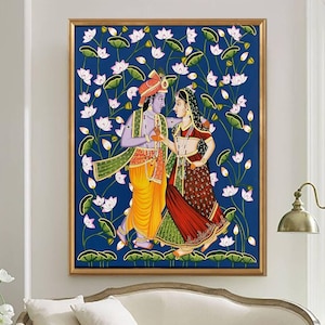 Radha Krishna Detailed Pichwai Handmade Painting On Fabric with Lotus Background, Wall Hanging Home Decorative Art, Wall Art