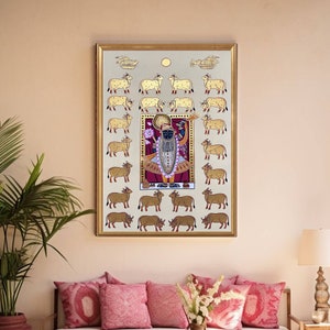 Shrinathji Pichwai Painting, Wall Decor, Cow Pichwai Art Handmade Design Natural Stone color on cloth Indian Decor Paintings, Wall Hanging