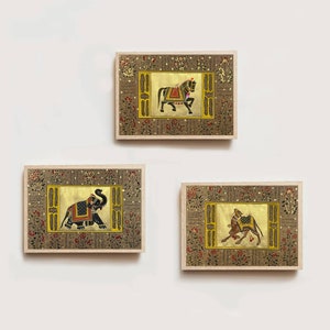 Trio di elefante, cavallo, cammello, set di 3 decorazioni da parete indiane in miniatura, dipinto tradizionale su processione di animali per l’arredamento della casa