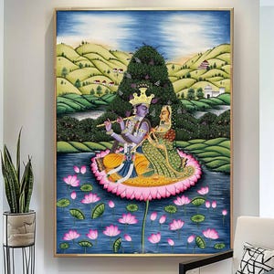 Radha Krishna Detailed Pichwai Handmade Painting On Fabric, Original Krishna Love Scene Wall Hanging Home Decorative Art