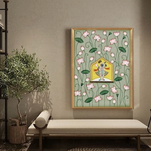 Pichwai Painting of Shrinathji and Lotus, Art For Home Decor, Beautiful Shrinathji In Kamal Talai on cloth, Wall Art, Home Decor gift
