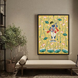 Pichwai Painting of Shrinathji and Lotus, Art For Home Decor, Beautiful Shrinathji In Kamal Talai on cloth, Home Decor Gift, wall decor