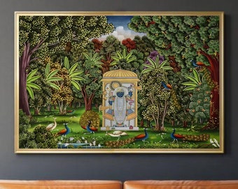 Shrinathji Pichwai Gemälde, Kuh Pichwai Kunst Handgemachte Natursteinfarbe auf Stoff Indische Dekorgemälde, Wandbehang, Wandkunst