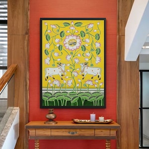 Shrinathji Charan Darshan, Pichwai Painting Of Cow And Lotus Wall Art Work, Traditional Indian Pichwai Painting For Home Decor, Home Decor