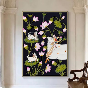 Pichwai Painting Of Cow, Detailed Traditional Indian Pichwai Painting For Home Decor, Wall Decor