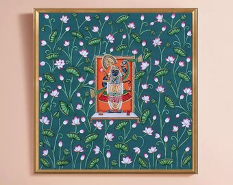 Shrinathji und Lotus Pichwai Kunst Gemälde für Wohnkultur, Traditionelle Handgemachte Wandmalerei Von Schönen Shri Nath Ji In Kamal Talai