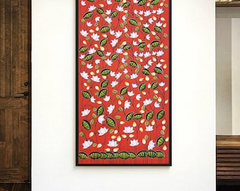 Handmade Pichwai Lotus Painting, Dark Blue Floral Wall Decor