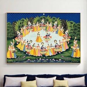 Radha Krishna Raasleela Detailed Pichwai Handmade Painting On Fabric, Original Krishna Ras Leela Scene Wall Hanging Home Decorative Art