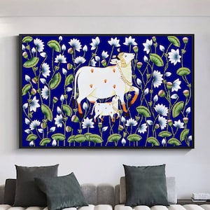 Pichwai Painting Of Cow And Lotus Wall Art Work, Traditional Indian Pichwai Painting For Home Decor, Home Decor Gift