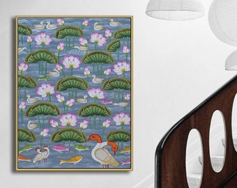 Handmade Lotus Pond Pichwai Painting, Floral Indian Wall Decor