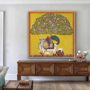 Kamdhenu Sacred Cow Life Tree Pichwai Painting Traditional Indian Pichwai Painting, Home decor