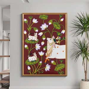 Pichwai Painting Of Cow, Detailed Traditional Indian Pichwai Painting For Home Decor, Wall Decor