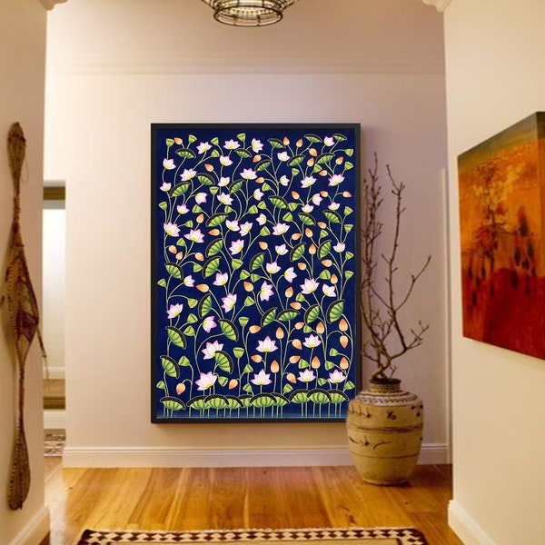 Lotus Pond Pichwai Painting, Kamal Talai, Handmade Floral Design Natural Stone color on fabric, Home Decor, wall decor