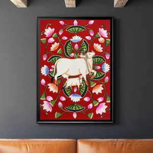 Pichwai Painting Of Cow, Detailed Traditional Indian Pichwai Painting For Home Decor, Wall Decor