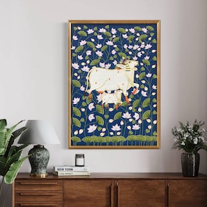Cow Pichwai Painting, Large Traditional Indian Pichwai Painting For Home Decor, Wall decor. home decor