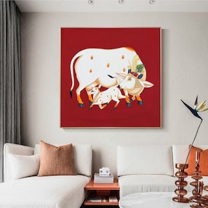Pichwai Painting Of Cow, Large Traditional Indian Pichwai Painting For Home Decor, Wall decor. home decor