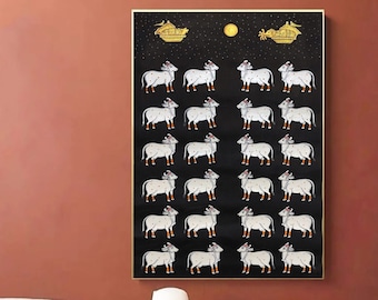Pintura de vaca Pichwai hecha a mano, arte mural tradicional indio, 27 x 18 pulgadas