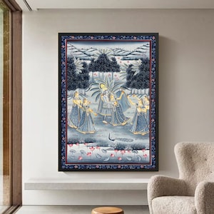 Radha Krishna Raasleela Detailed Pichwai Handmade Painting On Fabric, Original Krishna Ras Leela Scene Wall Hanging Home Decorative Art