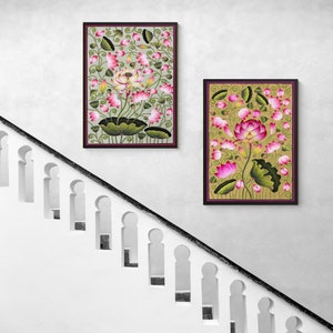 Lotus Pond Set of 2 Pichwai Painting Wall Decor, Handmade Floral Design Natural Stone color on cloth Indian Decor Paintings, Wall Hanging