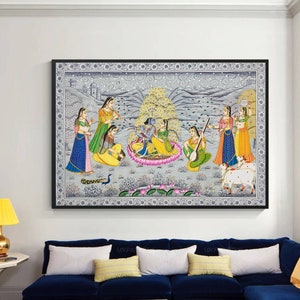 Radha Krishna Detailed Pichwai Handmade Painting On Fabric, Original Krishna Love Scene Wall Hanging Home Decorative Art