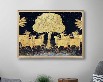 Pintura Pichwai de vaca con temática negra y dorada, gran pintura tradicional india Pichwai para decoración del hogar, tapiz, pintura mural