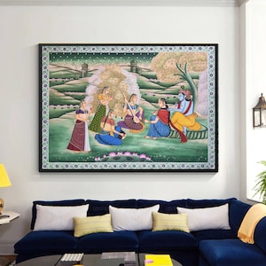 Radha Krishna Detailed Pichwai Handmade Painting On Fabric, Original Krishna Love Scene Wall Hanging Home Decorative Art