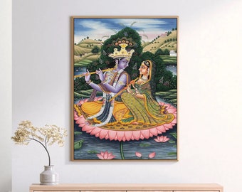Radha Krishna Pichwai Handmade Painting On Cotton Fabric, Original Krishna Ras Leela Scene Wall Hanging Home Decorative Art