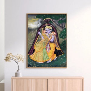 Krishna Offering Shawl to Radha Pichwai Handmade Painting On Fabric, Original Krishna Ras Leela Scene Wall Hanging Home Decorative Art