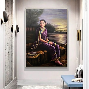 Radha au clair de lune, portrait de femme, peinture à l&#39;huile originale de décoration intérieure, art mural sur toile, peinture, peinture murale
