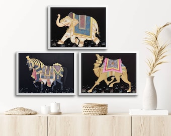 Trio Elephant, Horse, Camel Set of 3 Indian Miniature Wall Art, Traditional Animal Procession Painting On Paper, Wall Painting, Wall Hanging