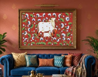 Pintura Pichwai de vaca y loto para pared, pintura Pichwai tradicional india para decoración del hogar, regalo de decoración para el hogar