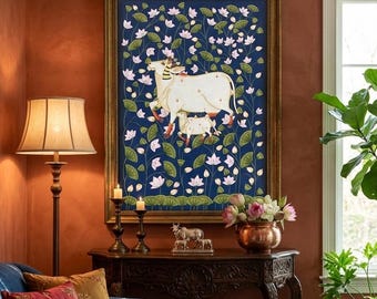 Pintura de vaca Pichwai, arte popular indio de gran tamaño, decoración de loto