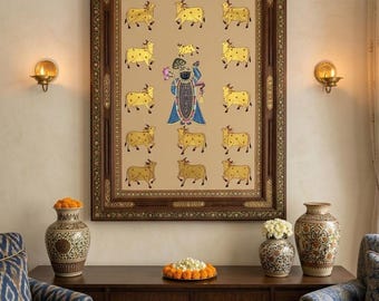 Pichwai Kamdhenu Cow With Calf Wooden Wall Plate, Indian